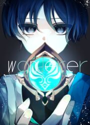  1boy anemo_symbol_(genshin_impact) black_bodysuit blue_cape blue_gem blunt_ends bodysuit cape character_name choppy_bangs commentary_request fingernails floating floating_object gem genshin_impact grey_background grey_eyes highres japanese_clothes kimono looking_at_viewer male_focus munou_v open_hand portrait scaramouche_(genshin_impact) shoulder_peek side_cape solo straight-on tsurime wanderer_(genshin_impact) white_kimono 