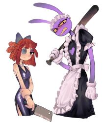  1boy 1girl angry animal_ears apron baseball_bat black_dress black_eyes blush button_eyes buttons chinese_commentary cleaver clenched_teeth clothing_cutout colored_sclera colored_teeth commentary_request crossdressing crossdressing_(mtf) dress frilled_apron frills furry furry_male gloves hand_on_own_arm heart_cutout highres holding holding_baseball_bat holding_cleaver holding_knife jax_(the_amazing_digital_circus) jewelry knife looking_at_viewer maid maid_headdress male_maid mistywine necklace official_alternate_costume pearl_necklace rabbit_boy rabbit_ears ragatha_(the_amazing_digital_circus) red_hair short_hair sleeveless sleeveless_dress smile teeth the_amazing_digital_circus white_apron white_background white_gloves yellow_sclera yellow_teeth 