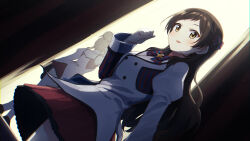  2girls backstage blue_bow blue_bowtie bow bowtie brown_hair buttons commentary_request double-breasted dutch_angle hair_bow hand_up highres idolmaster idolmaster_million_live! idolmaster_million_live!_theater_days jacket juliet_sleeves kitazawa_shiho liselsia long_hair long_sleeves looking_at_viewer miniskirt multiple_girls official_alternate_costume puffy_sleeves red_bow red_bowtie red_skirt skirt smile solo_focus starting_bloom_(idolmaster) tenkubashi_tomoka two-tone_bow two-tone_bowtie white_jacket yellow_eyes 