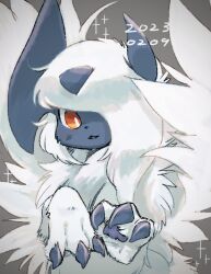  1other absol bright_pupils claws commentary_request fang furry hair_over_one_eye highres horns looking_down mega_absol mega_pokemon nekogusa open_mouth orange_eyes pawpads pokemon pokemon_(creature) pokemon_focus solo sparkle white_hair white_pupils wings 