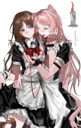  2girls absurdres animal_ears apron bang_dream! bang_dream!_it's_mygo!!!!! black_dress blue_eyes blush brown_hair candle chihaya_anon chinese_text closed_eyes collar commentary cowboy_shot dog_ears dog_girl dog_tail dress enmaided fang frilled_apron frills highres holding holding_leash kemonomimi_mode leash long_hair long_sleeves looking_at_another maid maid_apron multiple_girls nagasaki_soyo nicowuakja open_mouth parted_lips pink_hair puffy_short_sleeves puffy_sleeves red_collar short_sleeves simple_background standing tail tongue tongue_out translation_request untranslatable_commentary white_apron white_background wrist_cuffs yuri 