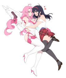 2girls absurdres ahoge antenna_hair black_hair black_thighhighs bodysuit breasts commission commissioner_upload curtained_hair gun hairband handgun heart highres hug lilim_(sakura_cupid) locked_arms looking_at_viewer mitsuki_(sakura_cupid) multiple_girls non-web_source off_shoulder pink_eyes pink_hair plaid_clothes plaid_skirt red_hairband sakura_cupid sarukana skirt spoken_heart thigh-highs weapon white_bodysuit yuri 