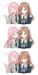  2girls anger_vein bang_dream! bang_dream!_it's_mygo!!!!! blue_eyes blue_shirt brown_hair chain's chihaya_anon closed_eyes commentary diagonal-striped_clothes diagonal-striped_necktie english_commentary fang green_necktie grey_eyes grey_jacket grey_neckerchief haneoka_school_uniform highres jacket long_hair meme multiple_girls nagasaki_soyo neckerchief necktie open_mouth pink_hair school_uniform shirt sidelocks simple_background striped_clothes striped_necktie teeth tsukinomori_school_uniform unamused_friend_comic_(meme) upper_teeth_only white_background 