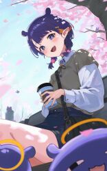  1girl :d absurdres alternate_costume alternate_hairstyle blue_eyes blue_sky blunt_bangs braid bright_pupils cherry_blossoms collared_shirt commentary_request cup day earrings falling_petals grey_sweater highres holding holding_cup hololive hololive_english jewelry layered_sleeves long_sleeves looking_at_viewer low_twin_braids mole mole_under_eye ninomae_ina'nis on_bench open_mouth outdoors petals pointy_ears purple_hair shirt short-sleeved_sweater short_hair short_over_long_sleeves short_sleeves simuyutou sitting sky smile solo sweater sweater_tucked_in takodachi_(ninomae_ina'nis) tentacle_hair twin_braids virtual_youtuber white_pupils white_shirt 