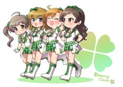  4girls :d ^_^ absurdres blue_eyes blush boots braid brown_eyes brown_hair closed_eyes closed_mouth clover_(idolmaster) deformed fingerless_gloves gloves green_shirt hakozaki_serika highres idolmaster idolmaster_million_live! idolmaster_million_live!_theater_days jacket kitazawa_shiho kousaka_umi long_hair multiple_girls ngetyan official_alternate_costume open_mouth orange_hair plaid_clothes plaid_shorts shirt short_hair short_sleeves shorts side-by-side simple_background smile standing twintails walking white_background white_boots white_gloves white_jacket yabuki_kana 