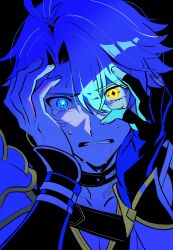  1boy black_choker choker clenched_teeth coat collarbone collared_shirt commentary crying crying_with_eyes_open english_commentary grey_hair hair_between_eyes hands_on_own_face hazozoyaku heterochromia highres honkai:_star_rail honkai_(series) long_sleeves looking_at_viewer multicolored_eyes neck_tattoo phainon_(honkai:_star_rail) phainon_(khaslana)_(honkai:_star_rail) sad shade shirt solo spoilers star-shaped_pupils star_(symbol) sun_symbol sun_tattoo symbol-shaped_pupils tattoo tearing_up tears teeth transformation upper_body wavy_hair 