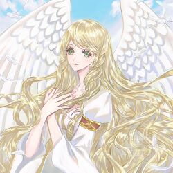  1girl angel_wings blonde_hair breasts closed_mouth commentary_request dress feathered_wings feathers fire_emblem green_eyes hands_on_own_chest helen_(helen2210hk) highres leanne_(fire_emblem) light_smile long_hair looking_at_viewer medium_breasts puffy_sleeves solo upper_body white_dress white_wings wide_sleeves wings 