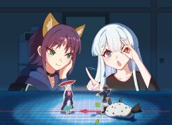  2girls absurdres animal_ears black_choker black_hair blue_hair chinese_commentary cho_kaguya-hime! choker collarbone commentary ezbottt figure forehead_jewel fox_ears fox_shadow_puppet fushi_(cho_kaguya-hime!) green_eyes grid hair_ornament hair_rings hair_stick hand_on_own_cheek hand_on_own_face head_rest highres long_hair long_sleeves multicolored_hair multiple_girls one_eye_closed pointing purple_nails runami_yachiyo sakayori_iroha short_hair smile t-pose twintails two-tone_hair upper_body white_hair wide_sleeves 