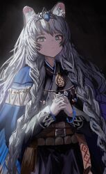  1girl absurdres animal_ear_fluff animal_ears arknights black_background black_dress blue_cloak blue_eyes braid cloak closed_mouth cokei cowboy_shot dress grey_hair hands_up highres jewelry long_hair long_sleeves looking_at_viewer necklace own_hands_together pramanix_(arknights) pramanix_the_prerita_(arknights) simple_background snow_leopard_ears snow_leopard_girl solo tiara twin_braids very_long_hair 