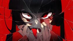  1girl absurdres black_hair blue_archive blunt_bangs broken_mirror commentary_request crazy_eyes hand_on_own_face heart heart-shaped_pupils highres looking_at_mirror mirror munbinggu open_mouth red_eyes solo symbol-shaped_pupils tongue tongue_out tsurugi_(blue_archive) yandere 