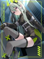  1girl arm_support black_boots black_gloves black_jacket black_shorts boots border breasts building character_name close_game/offline_(project_sekai) commentary from_below gloves green_hair grey_thighhighs hair_between_eyes hair_flaps hair_ornament hand_on_own_knee highres inset_border jacket knee_boots knee_up kusanagi_nene long_bangs long_hair long_sidelocks long_sleeves looking_at_viewer looking_down official_alternate_costume official_alternate_hairstyle outdoors parted_lips power_lines project_sekai short_shorts shorts sidelocks sitting small_breasts solo straight_hair techwear thigh-highs u1_msd utility_pole violet_eyes 