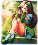 1girl arm_warmers brown_hair detached_sleeves female green_eyes hair_ornament highres long_hair looking_at_viewer mochisoldier original precure shirt shoes skirt smile socks solo tagme 