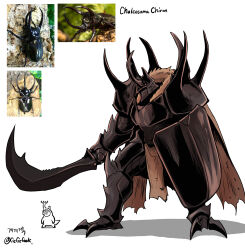  1boy absurdres armor arthropod_boy artist_name artist_self-insert beetle beetle_boy bug cape caucasus_beetle diffraction_spikes fake_horns full_body fur-trimmed_armor fur_trim gauntlets gegegekman helmet highres holding holding_shield holding_sword holding_weapon horned_helmet horns knight lizard original pauldrons pelvic_curtain personification photo_inset reference_inset shield shoulder_armor signature spiked_pauldrons spikes sword weapon 
