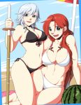  2girls blue_eyes braid food fruit hong_meiling izayoi_sakuya long_hair looking_at_viewer multiple_girls neko_majin redhead shinai short_hair silver_hair smile solo sweater swimsuit sword tagme touhou twin_braids umbrella watermelon weapon 