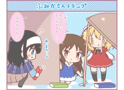  3girls black_bow black_hair black_hairband black_shoes black_socks blonde_hair blue_dress blue_eyes blue_shirt blush book bow brown_eyes brown_hair brown_skirt chibi collared_shirt commentary_request dress drop_trap frilled_hairband frills green_eyes grey_pantyhose hair_between_eyes hairband heart holding holding_book idolmaster idolmaster_cinderella_girls kneehighs kneeling layered_sleeves long_hair long_sleeves mitarashi_neko multiple_girls notice_lines pantyhose pleated_skirt puffy_short_sleeves puffy_sleeves red_dress red_shoes sagisawa_fumika sakurai_momoka shadow shirt shoes short_over_long_sleeves short_sleeves skirt socks standing tachibana_arisu translation_request very_long_hair white_shirt 