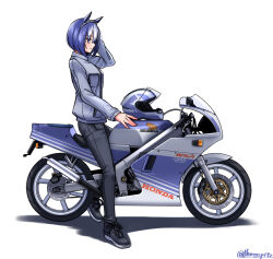  1girl alternate_costume animal_ears black_shoes blue_hair braid cesario_(umamusume) commentary_request crown_braid full_body grey_jacket grey_pants helmet honda honda_nsr250r horse_ears horse_girl jacket looking_ahead missing_tail motor_vehicle motorcycle motorcycle_helmet multicolored_hair on_motorcycle pants partial_commentary shoes short_hair simple_background solo threepitz twitter_username two-tone_hair umamusume unworn_headwear unworn_helmet vehicle_focus violet_eyes white_background white_hair 
