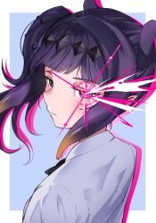  1girl absurdres blue_background blunt_bangs collared_shirt commentary english_commentary from_behind half-closed_eyes heterochromia highres hololive hololive_english looking_at_viewer looking_back medium_hair ninomae_ina'nis ninomae_ina'nis_(school_uniform) noxic parted_lips pink_eyes pointy_ears purple_hair shirt side_ponytail solo tentacle_hair two-tone_background violet_eyes virtual_youtuber white_background white_shirt 