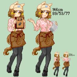  1girl animal_ears belno_light_(umamusume) blush breasts brown_hair commentary_request ear_ribbon hair_ornament horse_ears horse_girl horse_tail keykey117117 letter_hair_ornament long_sleeves looking_at_viewer multicolored_hair open_mouth pixel_art shirt short_hair smile tail two-tone_hair umamusume umamusume:_cinderella_gray white_hair 