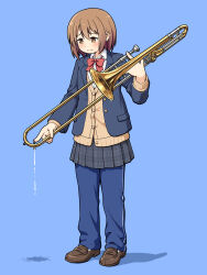  1girl :| blazer blue_background blue_jacket blush bob_cut breasts brown_cardigan brown_eyes brown_hair brown_shoes cardigan closed_mouth commentary dripping embarrassed grey_skirt hair_between_eyes highres holding holding_instrument holding_trombone instrument jacket light_frown loafers looking_down nodai_musashi original pants pants_under_skirt plaid_clothes plaid_skirt pleated_skirt saliva school_uniform shadow shoes short_hair simple_background skirt small_breasts socks solo track_pants trombone unhappy wavy_mouth white_socks 