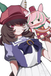  1girl absurdres animal_ears bow bowtie breasts brown_hair chazuke closed_mouth commentary ear_covers ears_through_headwear hair_between_eyes hand_puppet hat highres horse_ears horse_girl horse_tail looking_at_viewer marche_lorraine_(umamusume) mismatched_ear_covers pleated_skirt puffy_short_sleeves puffy_sleeves puppet purple_bow purple_bowtie purple_shirt sailor_collar sailor_shirt school_uniform shirt short_hair short_sleeves simple_background skirt tail tracen_school_uniform umamusume violet_eyes white_background white_sailor_collar white_skirt 