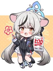  1girl animal_ears black_dress black_streaks blue_archive blue_halo breasts brown_eyes chibi china_dress chinese_clothes clothing_cutout commentary_request diamond_cutout dress grey_hair halo holding holding_paper holding_pencil jacket kokona_(blue_archive) long_hair multicolored_hair open_mouth paper pelvic_curtain pencil small_breasts smile solo standing streaked_hair striped_clothes striped_dress striped_jacket tiger_ears tiger_girl vertical-striped_clothes vertical-striped_dress vertical-striped_jacket very_long_hair yuchiberu 
