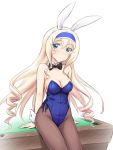  1girl animal_ears bare_shoulders blonde_hair blue_eyes blush bowtie breasts bunnysuit cecilia_alcott cleavage detached_collar drill_hair fake_animal_ears fishnet_pantyhose fishnets hairband infinite_stratos long_hair looking_at_viewer masakichi_(crossroad) pantyhose rabbit_ears solo wrist_cuffs 