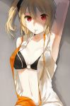  1girl blonde_hair kagerou_project kisaragi_momo long_hair midriff moegi0926 mouth_hold navel red_eyes side_ponytail 