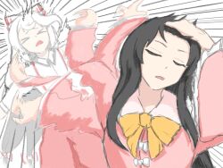  >_< 2girls adjusting_hair afterimage arm_up black_hair bow closed_eyes collared_shirt commentary d: english_commentary fighting frilled_sleeves frills fujiwara_no_mokou hair_bow hair_ribbon hair_slicked_back hand_in_own_hair hand_on_own_head highres hitting houraisan_kaguya jujutsu_kaisen long_hair long_sleeves meme motion_blur motion_lines multiple_girls multiple_hair_bows naoya_hitting_choso_without_looking_(meme) open_mouth parody pink_shirt punching raised_inner_eyebrows rapid_punches red_trim ribbon scene_reference shirt simple_background slapping smear_frame speed_lines suspenders teeth touhou upper_body upper_teeth_only very_long_hair white_background white_bow white_hair white_ribbon white_shirt wide_sleeves wjjw1732 yellow_bow 