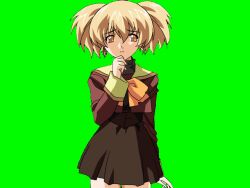  1990s_(style) 1girl blonde_hair bow breasts brown_serafuku closed_mouth cowboy_shot game_asset green_background hair_between_eyes hand_on_own_chin high-waist_skirt large_variant_set long_sleeves medium_breasts mikuni_miku non-web_source raised_inner_eyebrows retro_artstyle school_uniform self-datamine serafuku short_twintails skirt solo standing tamaru_makoto tareme twintails variant_set visual_novel_cg yellow_bow yellow_eyes yuuwaku 