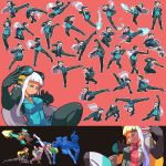  6+girls attack attacking black_legwear blue_dress blue_eyes blue_nails bodysuit borrowed_character breasts clone collar crane_stance divekick_(attack) dress electro_emilia energy_blast fighting_game fighting_game_portrait fighting_stance flying_kick hand_on_hip headgear heel_drop kicking kneeling leg_sweep legs long_hair microdress multiple_girls neon_trim original oversplit palette_swap palm_strike panties panties_over_pantyhose pantyhose parody payot pink_background pixel_art punching sb silver_hair split sprite_art sprite_sheet sprites underwear uppercut very_long_hair white_hair 