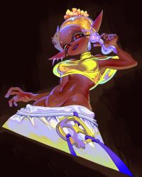  1girl 99933g asymmetrical_hair bare_shoulders black_background blonde_hair breasts colored_eyelashes colored_skin colored_tongue commentary_request crop_top cropped_legs cross-shaped_pupils dark-skinned_female dark_skin earrings fangs food food_on_head forehead from_below frye_(splatoon) gradient_hair groin hand_up harem_pants jewelry korean_commentary looking_at_viewer looking_down lowleg lowleg_pants mask medium_breasts medium_hair midriff multicolored_hair multiple_earrings navel object_on_head open_mouth orange_eyes pants pointy_ears poncho purple_hair red_eyes see-through_clothes shawl shirt simple_background sleeveless sleeveless_shirt sleeveless_turtleneck smile solo splatoon_(series) stomach symbol-shaped_pupils teeth tempura tentacle_hair turtleneck two-tone_hair very_dark_skin white_pants yellow_shirt 