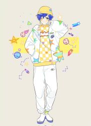  12_myurume 1boy ;) alternate_costume astel_leda asteroid bag blue_hair blush bucket_hat cassiopeia_(constellation) checkered_clothes checkered_sweater commentary_request constellation crescent crescent_earrings earrings fashion full_body green_eyes hand_in_pocket hat highres holostars hood hooded_jacket jacket jewelry male_focus multicolored_nails nail_polish one_eye_closed open-toe_shoes pants pentagram planet rocket_ship satellite shoes shoulder_bag smile solo spacecraft star-shaped_bag star_(symbol) sticker sweater ursa_minor_(constellation) virtual_youtuber white_jacket white_pants white_shoes yellow_hat yellow_sweater 