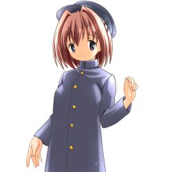  1girl 2000s_(style) black_jacket breasts brown_hair closed_mouth collared_jacket cowboy_shot gakuran game_asset hair_between_eyes hair_intakes half_updo hat hogeroh jacket large_variant_set long_sleeves medium_breasts natsuki_mayu non-web_source ryoujoku_gakuen school_uniform self-datamine simple_background solo tented_shirt transparent_background variant_set violet_eyes 
