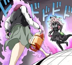  1girl alcohol alcohol_carton animal_ears aura bell black_bow black_corset black_eyes black_jacket black_skirt black_thighhighs bocchi_the_rock! bottle bow commentary_request corset crossover demon_horns demon_tail dodododo dress drink_carton dual_wielding femme_soule frilled_skirt frills from_below geta goat_ears goat_horns green_dress heterochromia high_heels hiroi_kikuri holding holding_bottle horns jacket layered_skirt lizard_tail long_hair meme neck_bell oh?_you're_approaching_me?_(meme) pink_eyes pink_hair pukey_goddess_shot_trick purple_hair skirt tail thigh-highs torako_(toramaru) two-sided_fabric two-sided_jacket walking white_jacket 