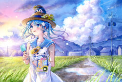  1girl armpit_crease bag bare_arms bare_shoulders bird blue_eyes blue_hair blue_nails blue_sailor_collar blue_sky brown_hat building clouds commentary_request contrail cumulonimbus_cloud dress elbow_carry evening field fingernails flower food gradient_sky grass hat hat_flower hayamasora highres holding holding_bag holding_food holding_ice_cream holding_stuffed_toy ice_cream light_particles long_hair looking_to_the_side medium_dress mountainous_horizon nail_polish open_mouth original outdoors painting_(medium) path penguin power_lines puddle rural sailor_collar sailor_dress sky sleeveless sleeveless_dress smile solo straw_hat stuffed_animal stuffed_toy summer sun sunburst sunflower sunlight teddy_bear teeth traditional_media twintails upper_body upper_teeth_only utility_pole village water watercolor_(medium) watermark white_dress yellow_flower 