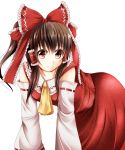  1girl absurdres all_fours brown_eyes brown_hair detached_sleeves hair_ribbon hair_tubes hakurei_reimu highres mazakura_senju ribbon solo touhou 