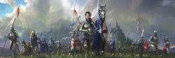  1girl 6+boys absurdres arm_up armor army banner barding bascinet battle_standard black_hair blue_sky castle clouds commentary couter cross cross_necklace cuirass cuisses english_commentary faulds flag fleur-de-lis flower france grass grey_sky hammk helmet highres holding holding_banner holding_polearm holding_unworn_helmet holding_weapon horse horseback_riding jeanne_d'arc jewelry kettle_helm knight looking_at_viewer medieval multiple_boys necklace original outdoors pauldrons pike_(weapon) polearm poleyn riding short_hair shoulder_armor sky solo_focus sword tassets unworn_headwear unworn_helmet vambraces war_flag weapon 