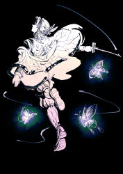  1girl absurdres animal_print black_background bug butterfly butterfly_hair_ornament butterfly_print butterfly_print_haori closed_mouth clothes_writing commentary_request demon_slayer_uniform full_body greyscale hair_ornament haori heel_up highres holding holding_sword holding_weapon japanese_clothes kimetsu_no_yaiba kochou_shinobu leg_up long_sleeves looking_at_viewer monochrome outstretched_arms parted_bangs pi_(namakurichan) print_haori sandals short_hair simple_background solo spot_color spread_arms standing standing_on_one_leg sword turning_head weapon 