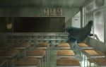  1boy chalkboard classroom cloak feathers gakuran indoors male original rain school_uniform solo surreal window yoshii 