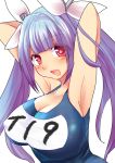  1girl armpits arms_up blue_hair breasts i-19_(kantai_collection) kantai_collection large_breasts long_hair personification red_eyes school_swimsuit star star-shaped_pupils swimsuit symbol-shaped_pupils tokoro_(1969) twintails wink 