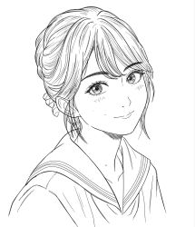  1girl blush closed_mouth collarbone commentary_request cropped_arms cropped_torso greyscale hair_bun hair_ornament highres le_yn looking_at_viewer mole mole_above_mouth mole_on_neck monochrome neckerchief portrait real_life sailor_collar school_uniform shirt short_hair simple_background single_hair_bun smile solo voice_actor white_background yoshioka_mayu 