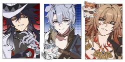  3boys absurdres all_fours animal_ear_fluff animal_ears animal_nose animalization armor ashveil_(honkai:_star_rail) belt black_belt black_choker black_hair black_shirt blonde_hair blue_background blue_eyes body_markings border braid bright_pupils brown_belt cat_boy cat_ears chest_belt chimera_(honkai:_star_rail) choker closed_mouth collarbone colored_inner_hair commentary covered_collarbone creature crescent crescent_pin crossed_bangs dog_boy dog_ears earrings eyeshadow facial_mark fins fish_tail fox_tail gloves gold_earrings gold_necklace gradient_hair grey_fur grey_hair hair_between_eyes hair_ornament hair_tubes hand_up hat highres honkai:_star_rail honkai_(series) horns jacket jewelry kemonomimi_mode lapels long_hair looking_at_viewer makeup male_focus medium_hair multicolored_hair multiple_boys mydei_(fig_stew)_(honkai:_star_rail) mydei_(honkai:_star_rail) neck_tattoo necklace open_clothes open_jacket open_mouth orange_background orange_eyes orange_fur otter_ears outside_border papajay_(jennygin2) person_and_animalization phainon_(honkai:_star_rail) phainon_(vigethos)_(honkai:_star_rail) polka_dot polka_dot_background red_background red_eyes red_eyeshadow red_hair shark_tail shirt short_hair shoulder_armor side_braid single_bare_shoulder single_braid single_earring single_hair_tube single_sidelock smile streaked_hair sun_symbol sun_tattoo tail tattoo teeth turtleneck turtleneck_shirt two-tone_fur two-tone_hair untranslatable_commentary upper_body v-shaped_eyebrows violet_eyes wavy_hair white_border white_fur white_gloves white_hair white_hat white_jacket white_pupils yellow_pupils 
