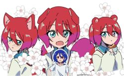  1boy 1girl amate_yuzuriha animal_ears aqua_eyes aqua_shirt aqua_skirt artist_name blue_hair blush breasts cat_ears cat_girl closed_mouth collared_shirt colored_inner_hair commentary dog_ears dog_girl gundam gundam_gquuuuuux highres long_sleeves looking_at_viewer multicolored_hair necktie open_mouth purple_hair red_eyes red_hair school_uniform shirt short_hair shuji_ito skirt smile squirrel_ears squirrel_girl sweater tank_top two-tone_hair utinogohan210 white_shirt 