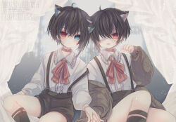  2boys animal_ears bandaid bandaid_on_cheek bandaid_on_face black_overalls black_shorts black_socks blue_eyes bow brothers brown_cardigan brown_hair cardigan cat_boy cat_ears child collar curtains eyepatch heterochromia holding_hands legwear_garter long_sleeves multiple_boys off-shoulder_cardigan original overalls red_bow red_collar red_eyes shirt short_hair shorts siblings sitting socks toko_(cactus_tok) twins white_shirt 