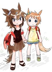  2girls :< ahoge animal_ears backpack bag biko_pegasus_(umamusume) blue_eyes carrot_print casual closed_mouth collarbone dot_nose fang food_print hair_between_eyes hair_tuft holding_hands horse_ears horse_girl horse_tail light_blush looking_at_viewer multicolored_hair multiple_girls open-toe_shoes shinko_windy_(umamusume) shirt shoes short_hair short_sleeves shorts simple_background skirt sleeveless sleeveless_shirt sneakers tail tareme tsurime umamusume uuzzangohayo violet_eyes 