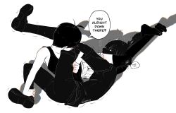  2boys antenna_hair black_hair black_shirt black_shorts black_skin black_socks black_sweater_vest black_tank_top black_thighhighs collared_shirt colored_skin commentary english_commentary english_text head_between_thighs highres looking_at_another maisani male_focus multiple_boys omori omori_(omori) profanity shirt short_hair short_sleeves shorts socks speech_bubble stranger_(omori) striped_clothes striped_shorts sweater_vest tank_top thigh-highs twitter_username vertical-striped_clothes vertical-striped_shorts white_eyes white_shorts white_skin 