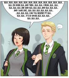  ... 1boy 1girl :/ :o annoyed bag black_hair black_robe black_skirt blonde_hair blue_eyes bob_cut border bored breasts brown_bag closed_eyes closed_mouth collared_shirt diagonal-striped_clothes diagonal-striped_necktie draco_malfoy dress_shirt english_text eyelashes gossip green_necktie green_robe grey_background grey_sweater hair_slicked_back half-closed_eyes hand_on_another's_arm harry_potter_(series) hogwarts_school_uniform holding holding_bag holding_strap locked_arms medium_breasts messenger_bag necktie notice_lines open_clothes open_mouth open_robe pansy_parkinson people pink_lips robe school_emblem school_uniform shirt short_hair shoulder_bag side-by-side silhouette skirt slytherin speech_bubble spoken_ellipsis static_opium striped_clothes striped_necktie sweater swept_bangs talking teeth two-sided_fabric two-tone_necktie upper_body upper_teeth_only v-neck walking white_border white_necktie white_shirt wizarding_world yapping 