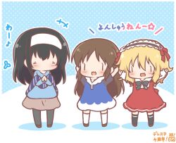  3girls :d arms_up black_hair black_hairband black_pantyhose black_socks blonde_hair blue_background blue_dress blue_shirt blush brown_hair brown_shoes brown_skirt chibi collared_shirt colored_shadow dress frilled_hairband frills hair_between_eyes hairband idolmaster idolmaster_cinderella_girls kneehighs layered_sleeves long_sleeves mitarashi_neko multiple_girls own_hands_together pantyhose polka_dot polka_dot_background puffy_long_sleeves puffy_short_sleeves puffy_sleeves red_dress sagisawa_fumika sakurai_momoka shadow shirt shoes short_over_long_sleeves short_sleeves skirt smile socks standing tachibana_arisu translation_request two-tone_background white_background white_shirt white_socks |_| 