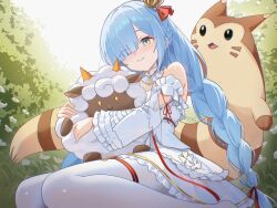  1girl animal_hug azur_lane bare_shoulders blue_hair blush braid closed_mouth commentary commission danraz0r detached_sleeves dress english_commentary feet_out_of_frame flower furret green_eyes hair_over_one_eye highres janus_(azur_lane) lamball light_smile long_hair long_sleeves outdoors palworld pantyhose pokemon pokemon_(creature) seiza sitting twin_braids white_dress white_flower white_pantyhose white_sleeves wide_sleeves 