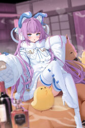  1girl absurdres ahoge animal_ears azur_lane blue_eyes boots coat duffel_coat earmuffs fake_animal_ears full_body fur-trimmed_collar fur-trimmed_sleeves fur_trim highres indoors light_blush long_hair long_sleeves looking_at_viewer manjuu_(azur_lane) open_mouth pomimi170 purple_hair sitting sleeves_past_fingers sleeves_past_wrists sweater tashkent_(azur_lane) thigh_boots very_long_hair white_boots white_coat wide_sleeves winter_clothes 